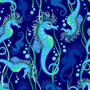 Seahorse cute blue sea animal Vector Seamless Pattern Textile Design