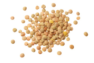 lentils isolated on white background. top view