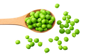 fresh green peas in a wooden spoon isolated on a white background. top view