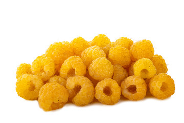 heap of yellow raspberries isolated on white background