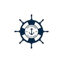 marine retro emblems logo with anchor and ship wheel, anchor logo - vector