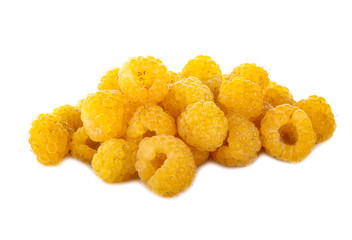 heap of yellow raspberries isolated on white background
