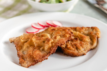 Fried pork chop in breadcrumbs served on white plate