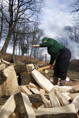 An elderly woman shreds wood with an ax, he prepares firewood for the winter.