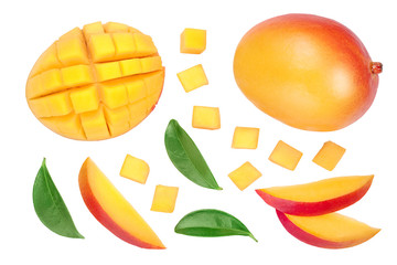Mango fruit half with slices isolated on white background. Set or collection. Top view. Flat lay