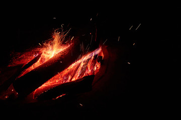 Big campfire at night with a lot of sparks