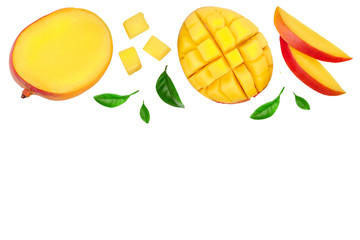 Mango fruit and half with slices isolated on white background with copy space for your text. Top view. Flat lay