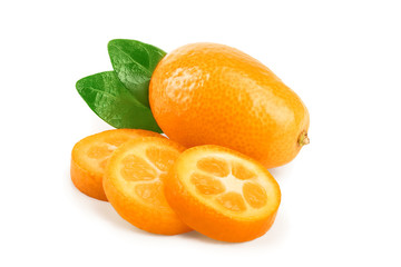 Cumquat or kumquat with slices isolated on white background