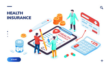 Isometric health insurance concept with doctor and patient, pills and calculator, risk form and thermometer. Background for medicine or medical healthcare treatment. Smartphone app for checkup