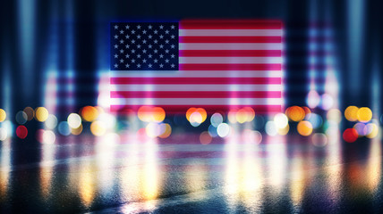 American national flag on abstract background. Abstract festive background with neon glowing USA...