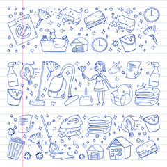 cleaning services company vector monochrome pattern on white background, drawing pen, notebooks lined
