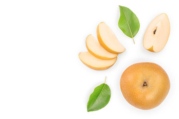 Fresh asian pear with leaves isolated on white background with copy space for your text. Top view. Flat lay.