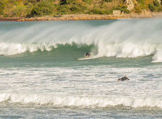 Surfer losing balance into breaking wave