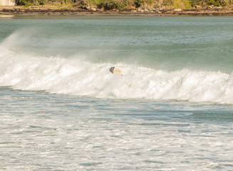 surfboard above breaking surf