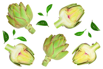 Fresh Artichokes isolated on white background closeup. Top view. Flat lay