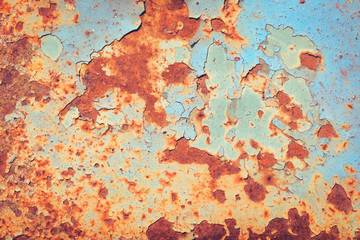Old grungy cracked blue weathered wall paint peeling off rusted metal sheet. Textured background for posters and bloggers
