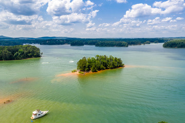Aerial view beaches and boats in Lake Lanier