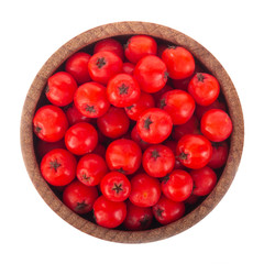 heap of red ashberries in wooden cup isolated. top view