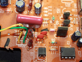 Electrical board with electronic components. High-tech printed circuit board