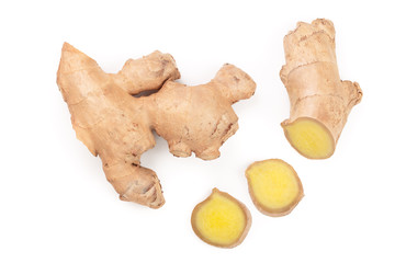 fresh Ginger root and slice isolated on white background. Top view. Flat lay