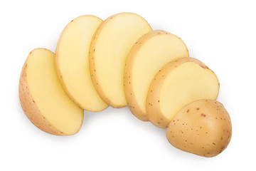 Young slice potato isolated on white background. Harvest new. Top view. Flat lay
