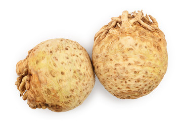 Fresh celery root isolated on white background. Top view. Flat lay