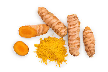 Turmeric powder and turmeric root isolated on white background. Top view. Flat lay