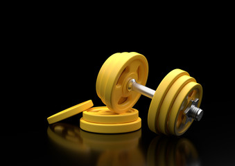 Naklejka na ściany i meble Dumbbell with yellow plates isolated on black background. Front view with copy space. Creative concept. 3d rendering illustration