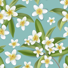 Obraz premium Beautiful retro plumeria flowers seamless background, tropical jungle floral pattern in vector illustration design for fashion fabric, prints, textile, wallpaper