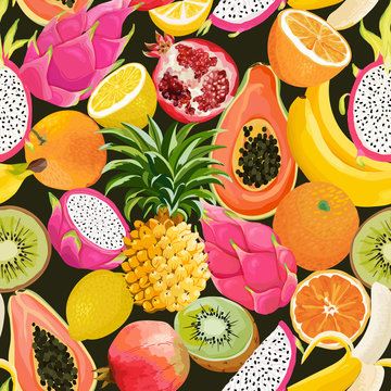 Seamless pattern with tropical fruits and flowers. Banana, Orange, Lemon, Pineapple, Dragon fruit background for textile, fashion texture, wallpaper in vector