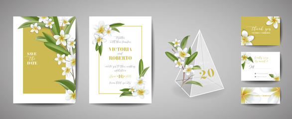 Tropical wedding invitation card Template Design, Botanical Plumeria Flowers and Leaves in modern style, Collection of Save the date, RSVP, greeting in vector