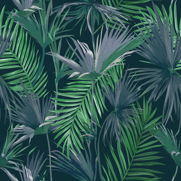 Tropical Jungle Palm Leaves Seamless Background, Vector Floral Pattern Illustration for Wallpaper, Print Design, Textile Template