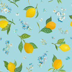 Seamless Lemon pattern with tropic fruits, leaves, forget me not flowers background. Hand drawn vector illustration in watercolor style for summer romantic cover, tropical wallpaper, vintage texture