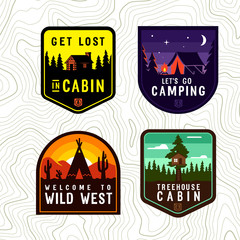 Vector vintage cabin, campimg patch set.