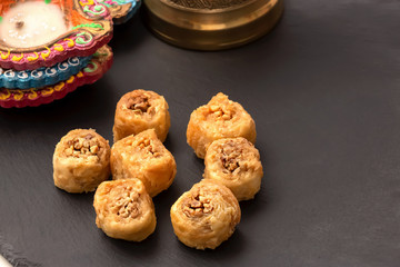 Traditional arabic delight sweets with cashew nuts. Eastern sweets. Close up.