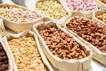Almonds, cashews, peanuts, hazelnuts, pistachios. Eastern sweets. Asian cuisine.