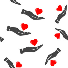 Vector icon of a red hand holding a heart. Flat design of the hand and heart seamless pattern on a white background.