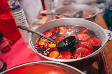 Freshly cooked mulled wine in the pan