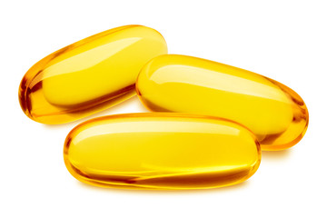 Fish oil pill, omega 3, isolated on white background, clipping path, full depth of field