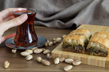 Turkish style Antep baklava with walnut, pistachio for presentation and service 