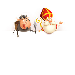 Obraz premium Saint Nicholas and Krampus on board - happy cute characters celebrate holiday - vector illustration isolated on white