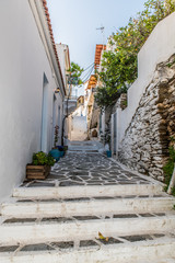 Traditional alley in Batsi village of Andros, on a sunny day, Cyclades, Greece