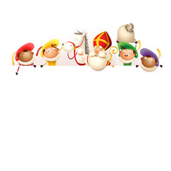 Sinterklaas his horse Amerigo and helpers on board - happy cute characters celebrate Dutch holiday - vector illustration isolated on white