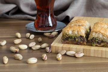 Turkish style Antep baklava with walnut, pistachio for presentation and service 
