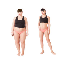 before and after losing weight. comparison of fat and thin women. liposuction results. rejuvenation. healthy lifestyle. fitness and diet.
