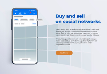 News feed in a social network in the form of a grid. Promotion in social media. Smartphone with social network interface. Screen phone with the application. Modern black smartphone 2019
