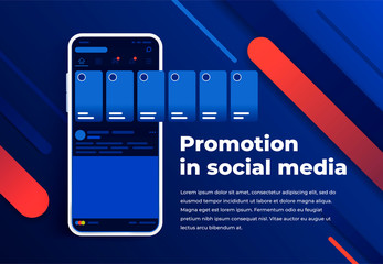 Promotion in social media. Smartphone with interface carousel post on social network. Stories in social networks. Modern white smartphone. Blue abstract background for website and mobile app banner