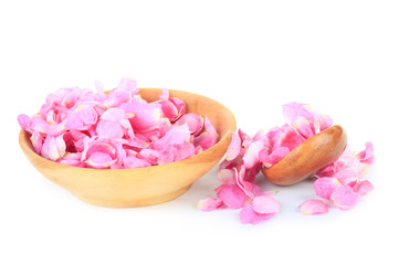 heap of pink rosehips petals in wooden plate with wooden spoon isolated on white background