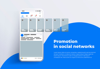 Promotion in social media. Smartphone with interface carousel post on social network. Stories in social networks. Design template from landing page or banner. Modern white smartphone 2019