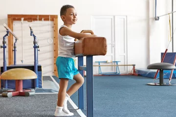 Rolgordijnen Active happy childhood, health, sports and gymnastics concept. Full length image of handsome cheerful dark skinned schoolboy standing by pommel horse with hands on its leather cover, smiling © Anatoliy Karlyuk